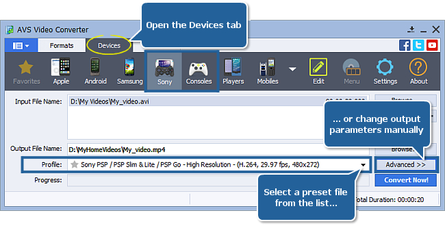 AVS Video Converter с профилем Sony PSP 480 на 272 H.264