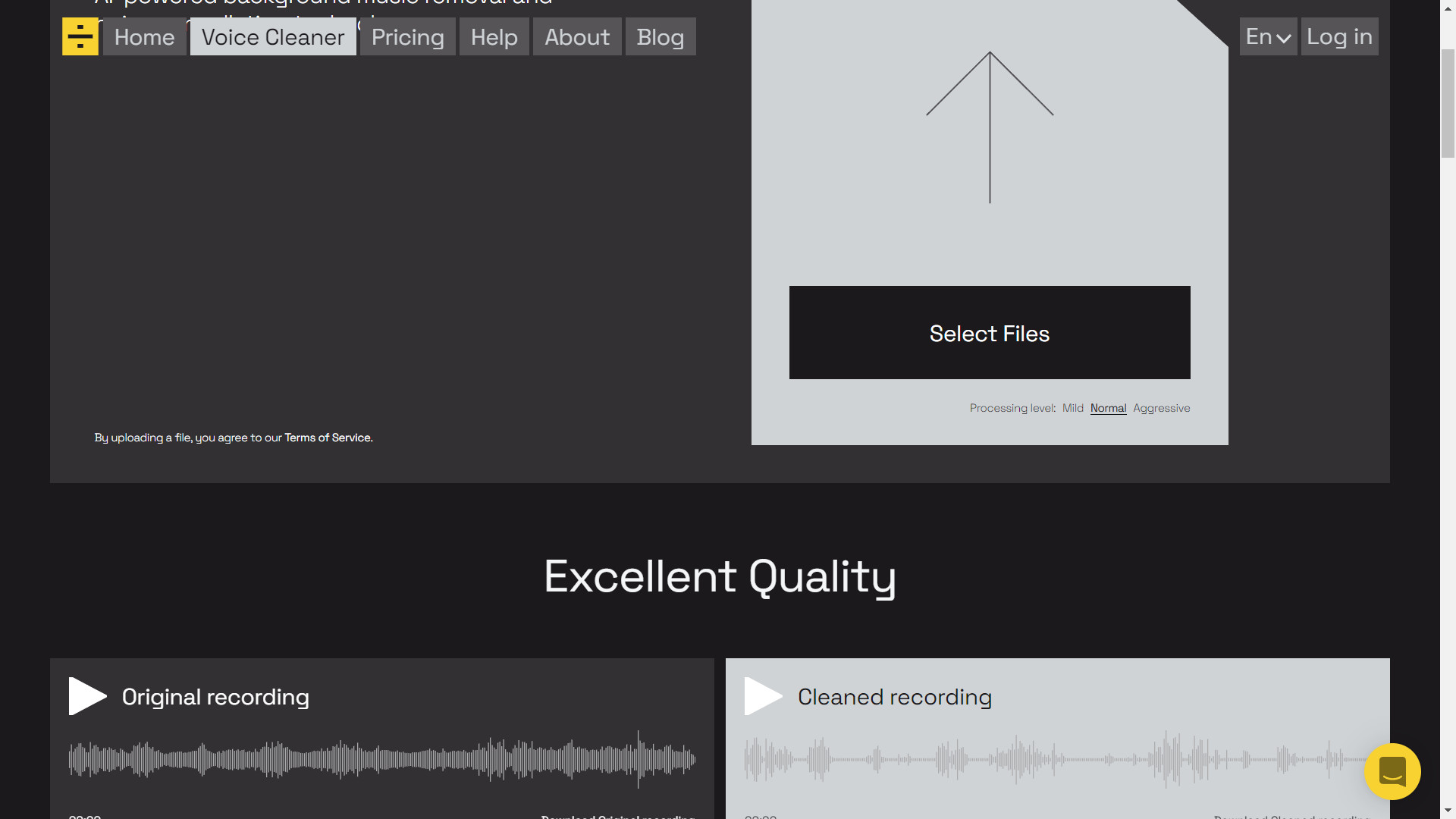 Веб-интерфейс LALAL.AI Voice Cleaner с загрузкой файла и предпрослушиванием
