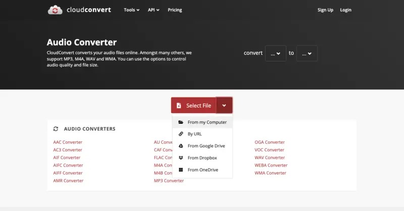 Интерфейс CloudConvert Audio Converter с кнопкой Select File и источниками загрузки