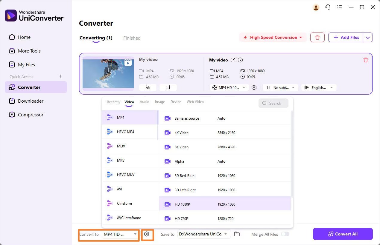 Модуль Converter в Wondershare UniConverter с выбором параметров выходного видео