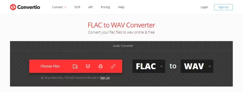 Онлайн-интерфейс Convertio с направлением конвертации FLAC в WAV