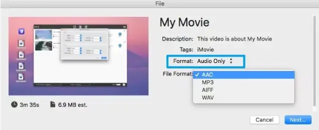 Временная шкала iMovie с аудиодорожкой и экспортом