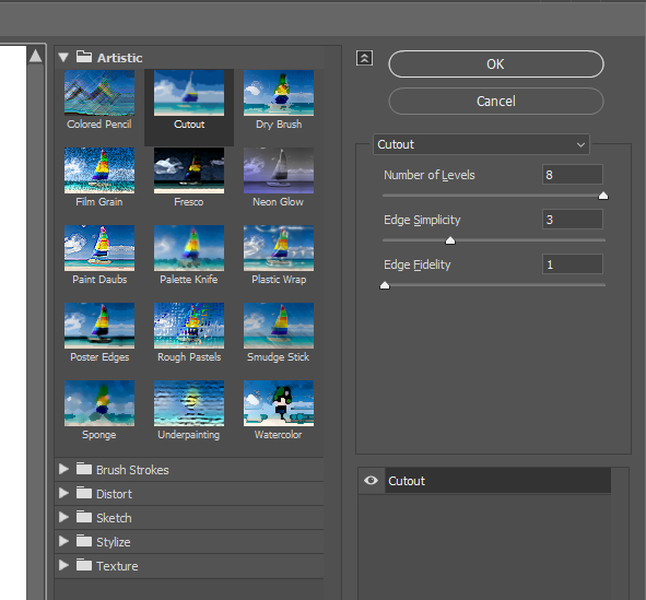 Галерея фильтров Adobe Photoshop с категорией Artistic и параметрами Cutout