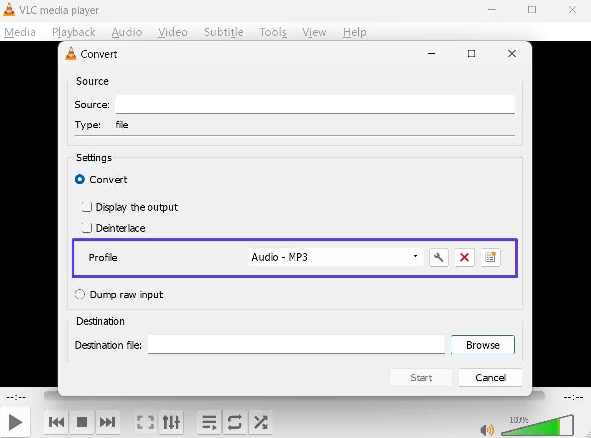 Диалог Convert в VLC с профилем Audio MP3