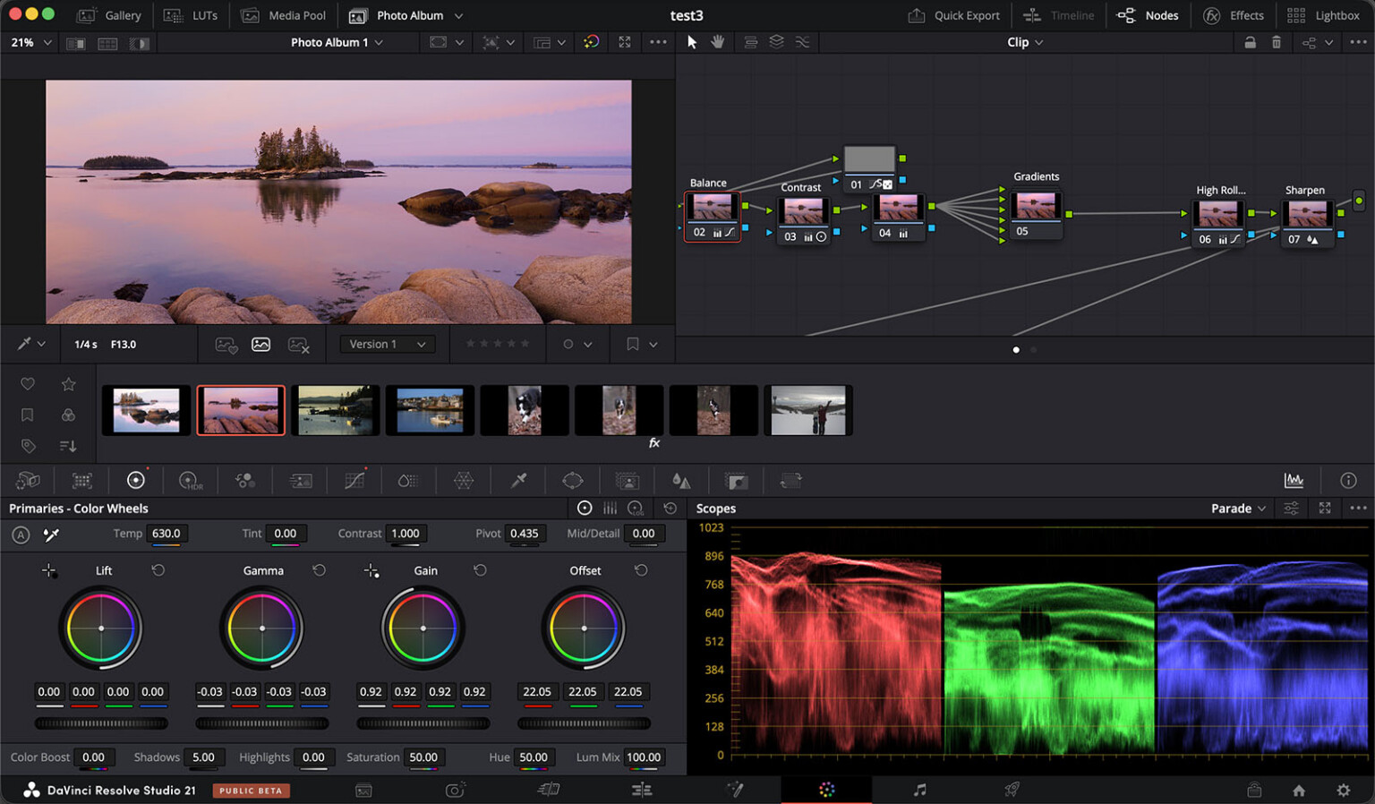 Интерфейс DaVinci Resolve 21 с цветокоррекцией и цветовыми колёсами