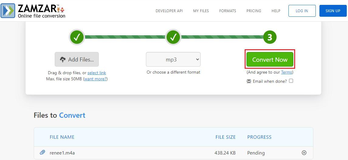 Интерфейс Zamzar с добавленным M4A, выбранным MP3 и кнопкой Convert Now