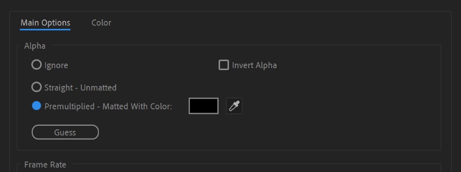 Настройки интерпретации альфа-канала в Adobe After Effects