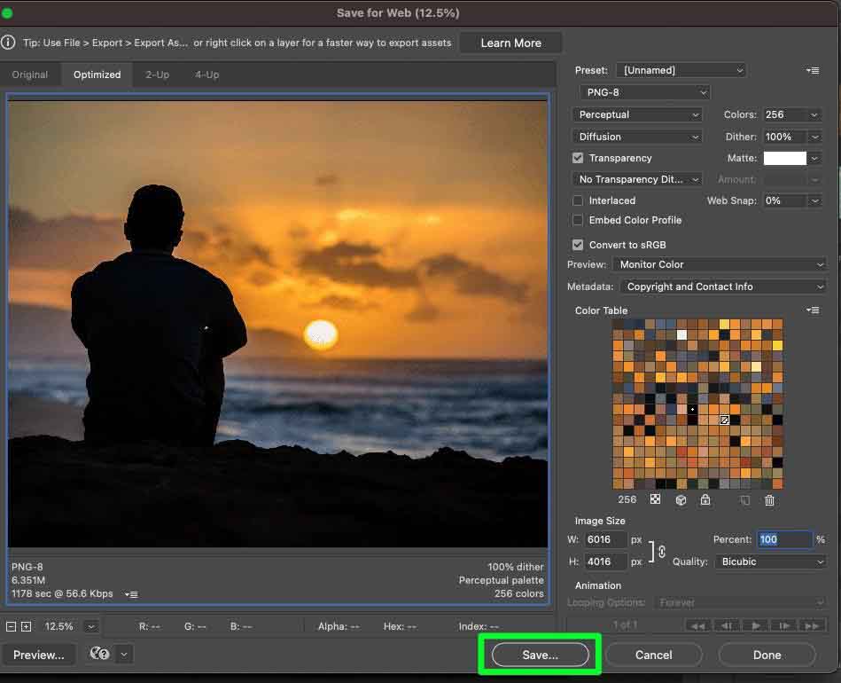 Окно Adobe Photoshop Save for Web с форматом PNG-8 и кнопкой сохранения