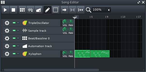 Song Editor в LMMS с инструментальными дорожками и блоками аранжировки