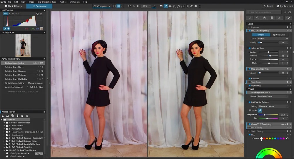 Интерфейс DxO PhotoLab с RAW-фотографией и панелями коррекции