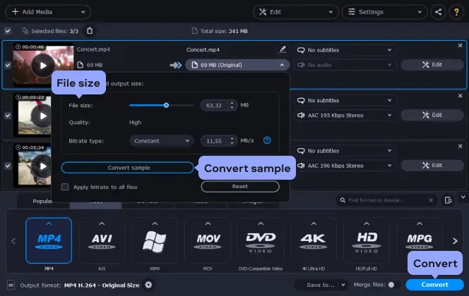 Movavi Video Converter с окном настройки File size и кнопкой Convert sample