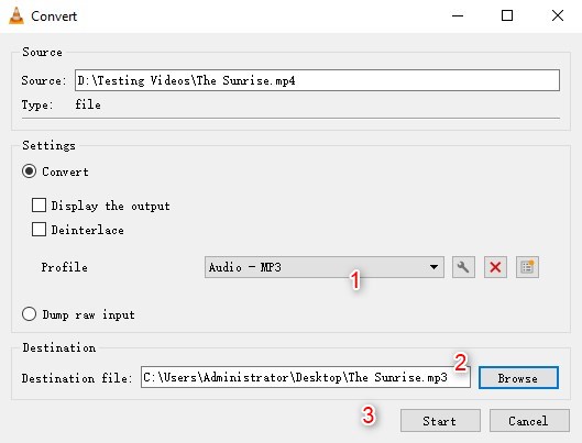Диалог Convert в VLC Media Player с профилем Audio MP3