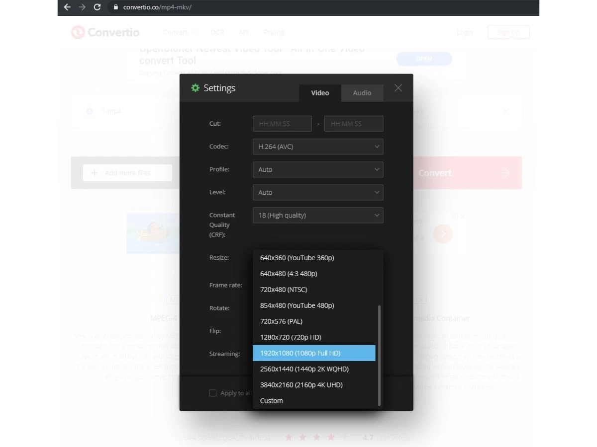 Окно Settings в Convertio с выбором видеокодека и разрешения