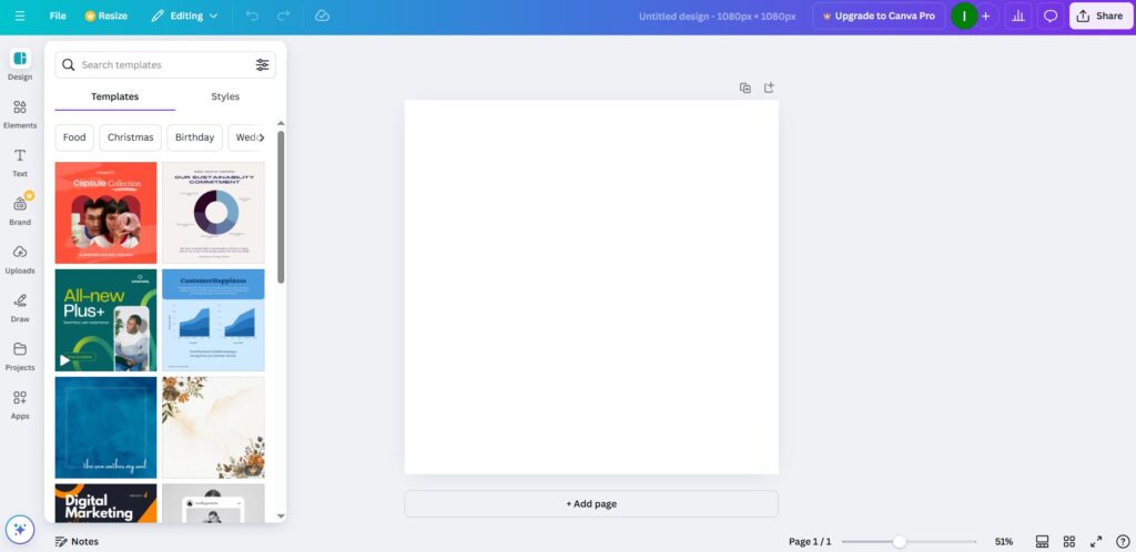 Рабочая область Canva с библиотекой шаблонов и пустым холстом