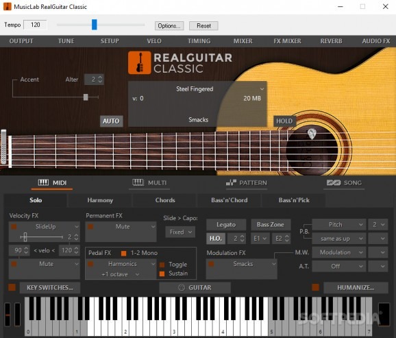 Интерфейс Ample Guitar M Lite с изображением акустической гитары и клавиатурой