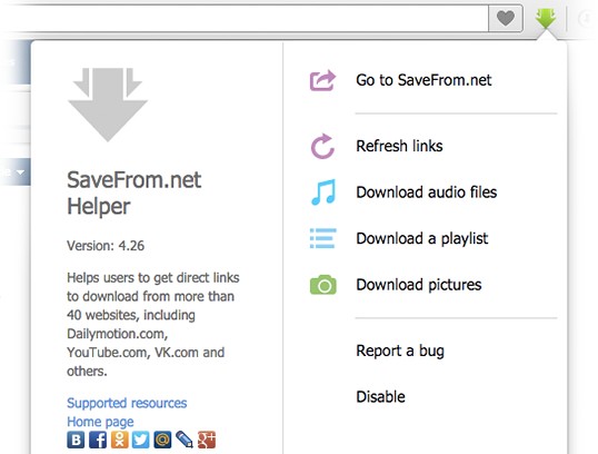 Меню SaveFrom.net helper в Opera с командами обновления ссылок, загрузки аудио, плейлистов и изображений