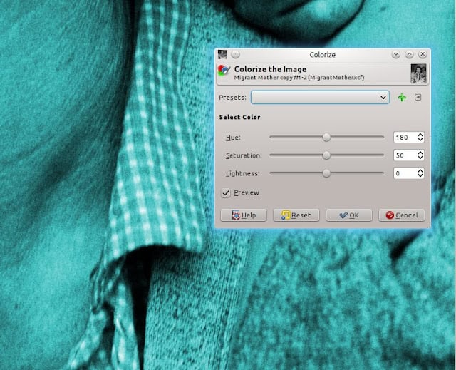 Диалог Colorize в GIMP с настройками Hue Saturation Lightness