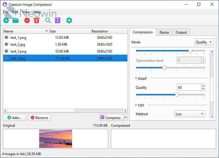 Интерфейс Caesium Image Compressor с очередью изображений и параметрами качества