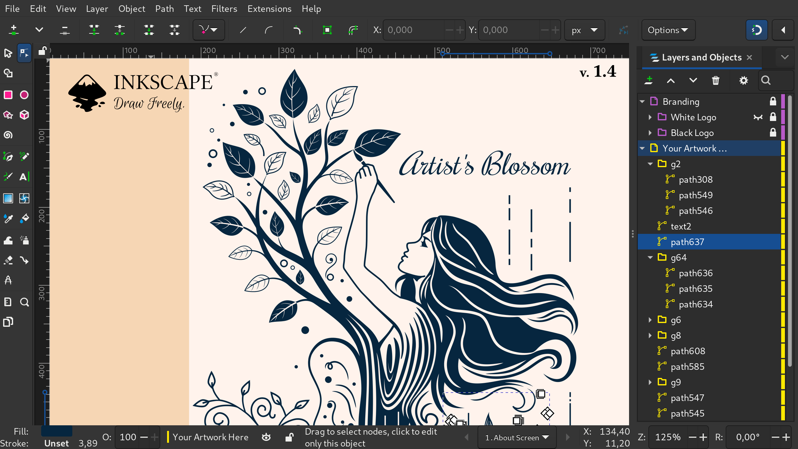 Интерфейс Inkscape 1.4 с векторной иллюстрацией и панелью объектов