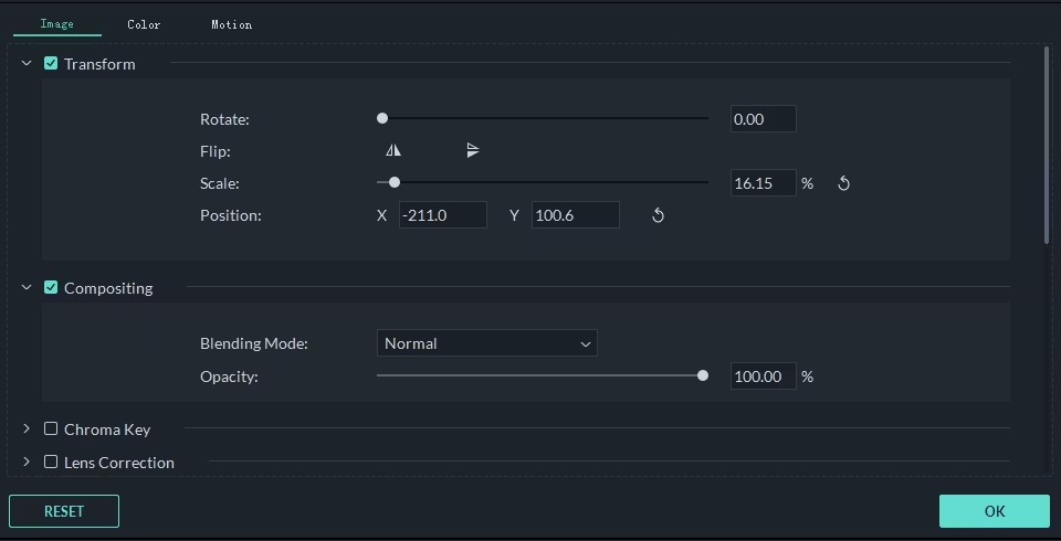 Панель Transform и Compositing в Filmora с настройкой Opacity