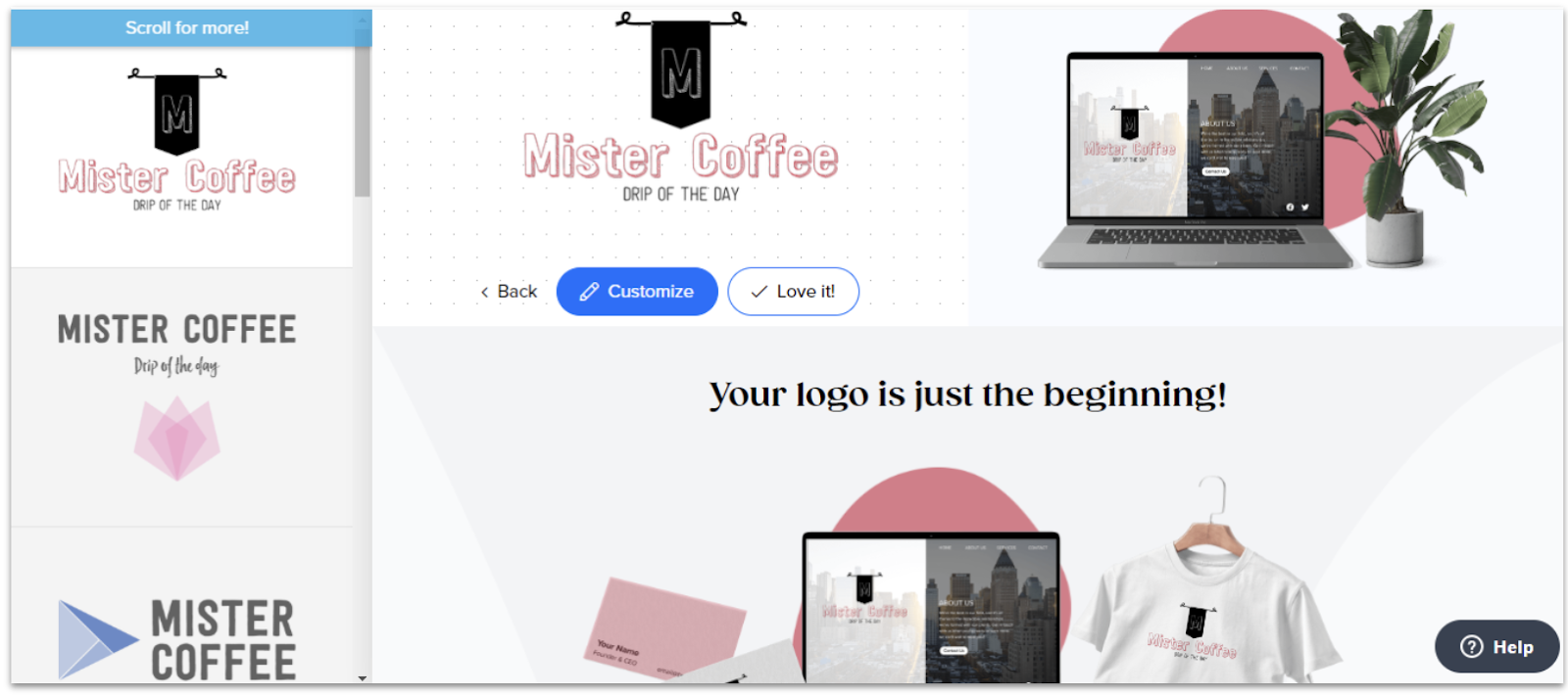 Интерфейс Tailor Brands с вариантами логотипа и кнопкой настройки