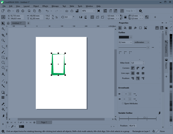 Интерфейс CorelDRAW 2026 с рабочей страницей и панелью свойств