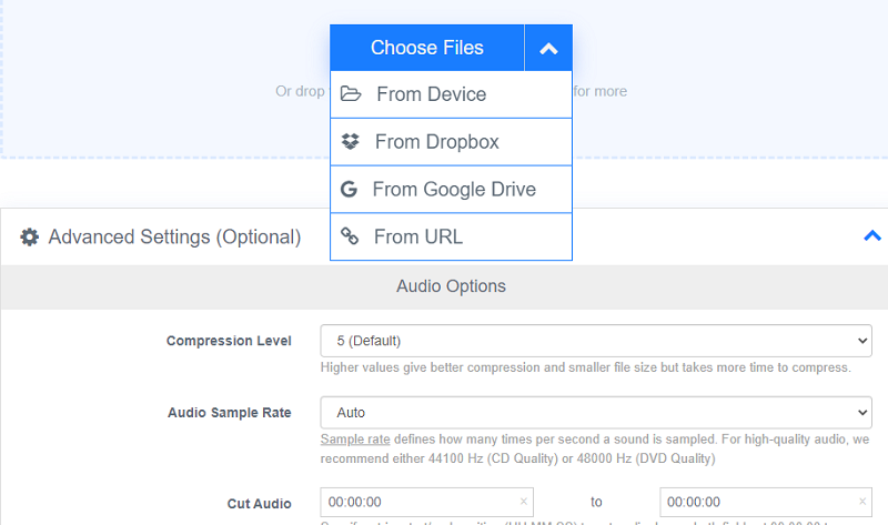Интерфейс FreeConvert с меню загрузки и расширенными аудионастройками