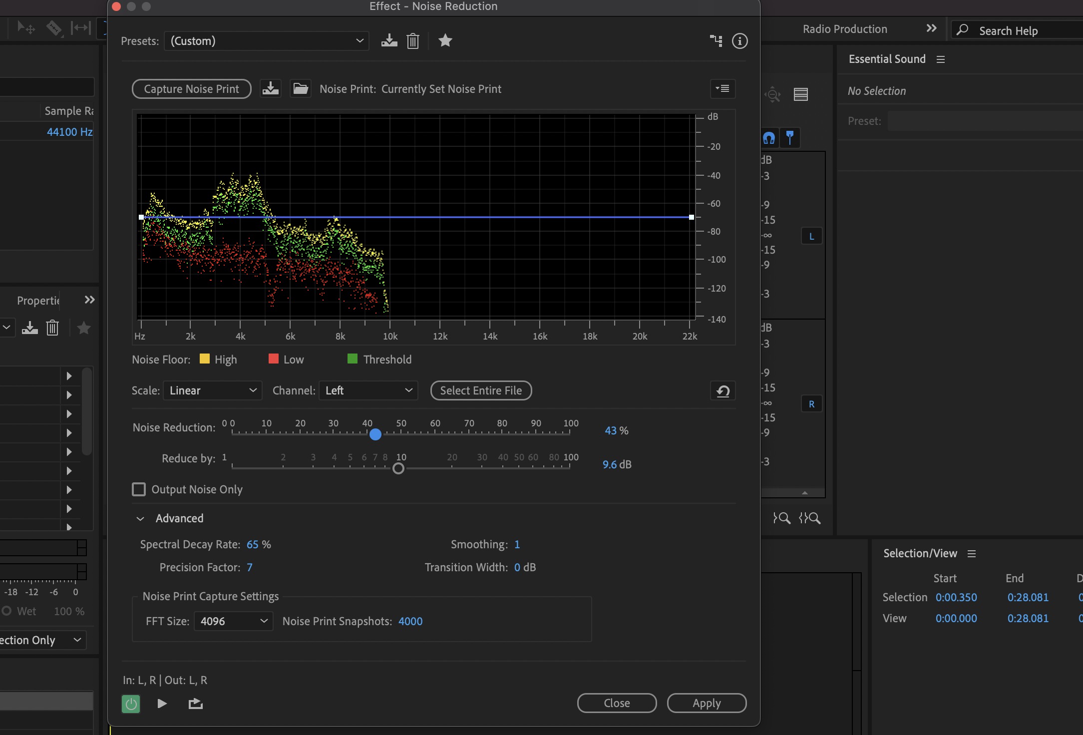 Диалог Noise Reduction в Adobe Audition с графиком шумового профиля