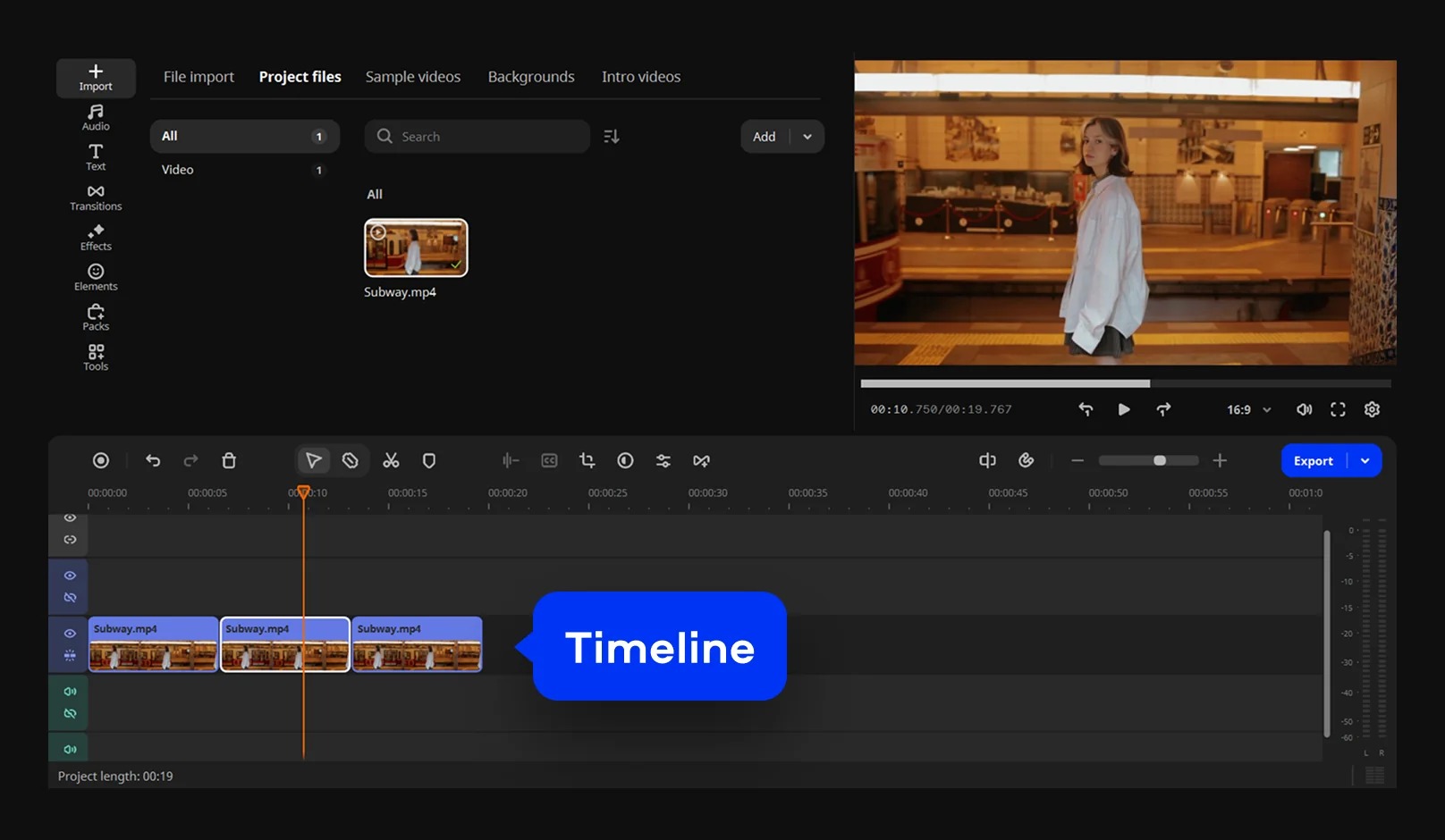Movavi Video Editor с тремя копиями клипа на таймлайне