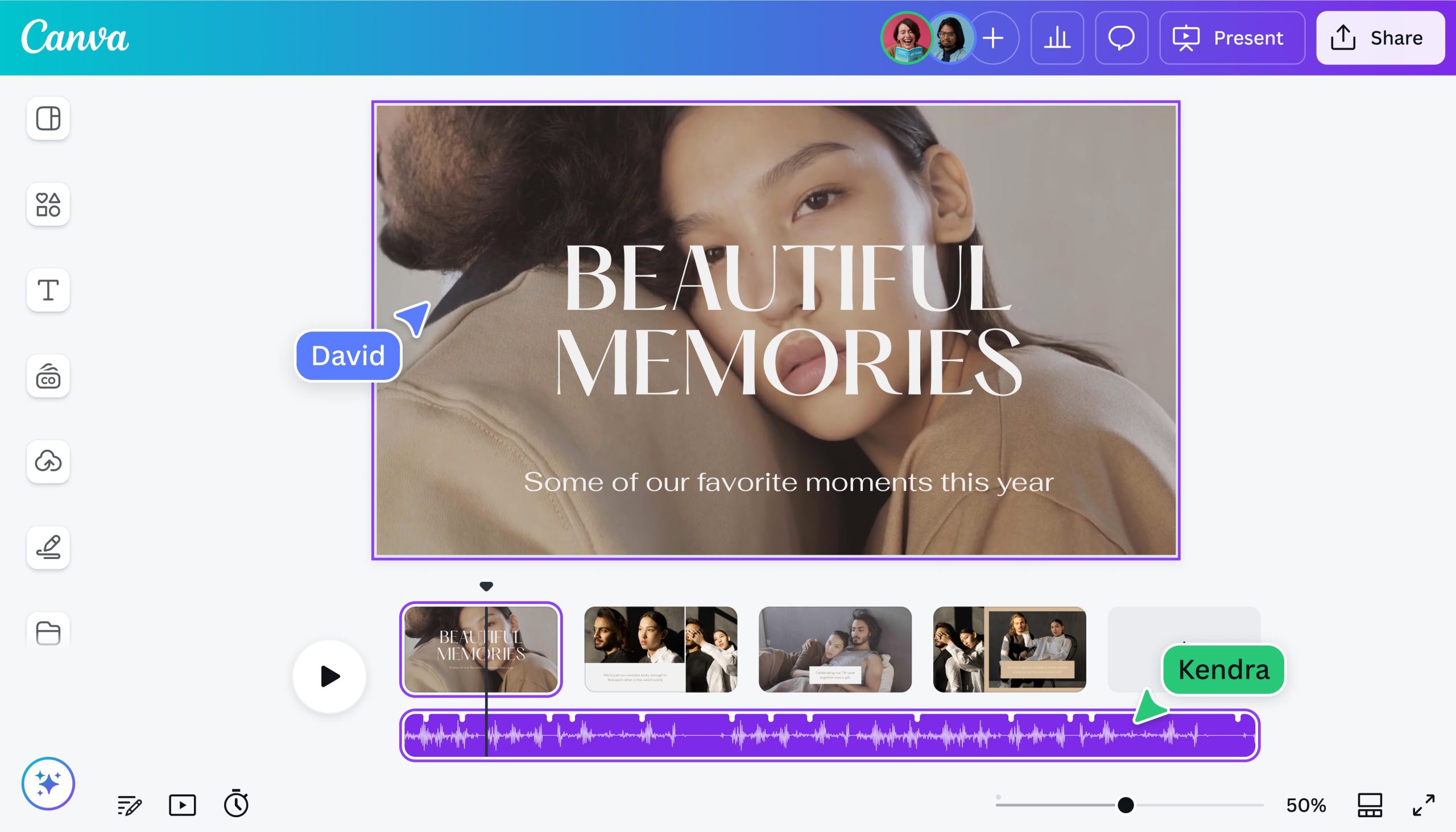 Редактор Canva со слайдами, фотографией и звуковой дорожкой на таймлайне