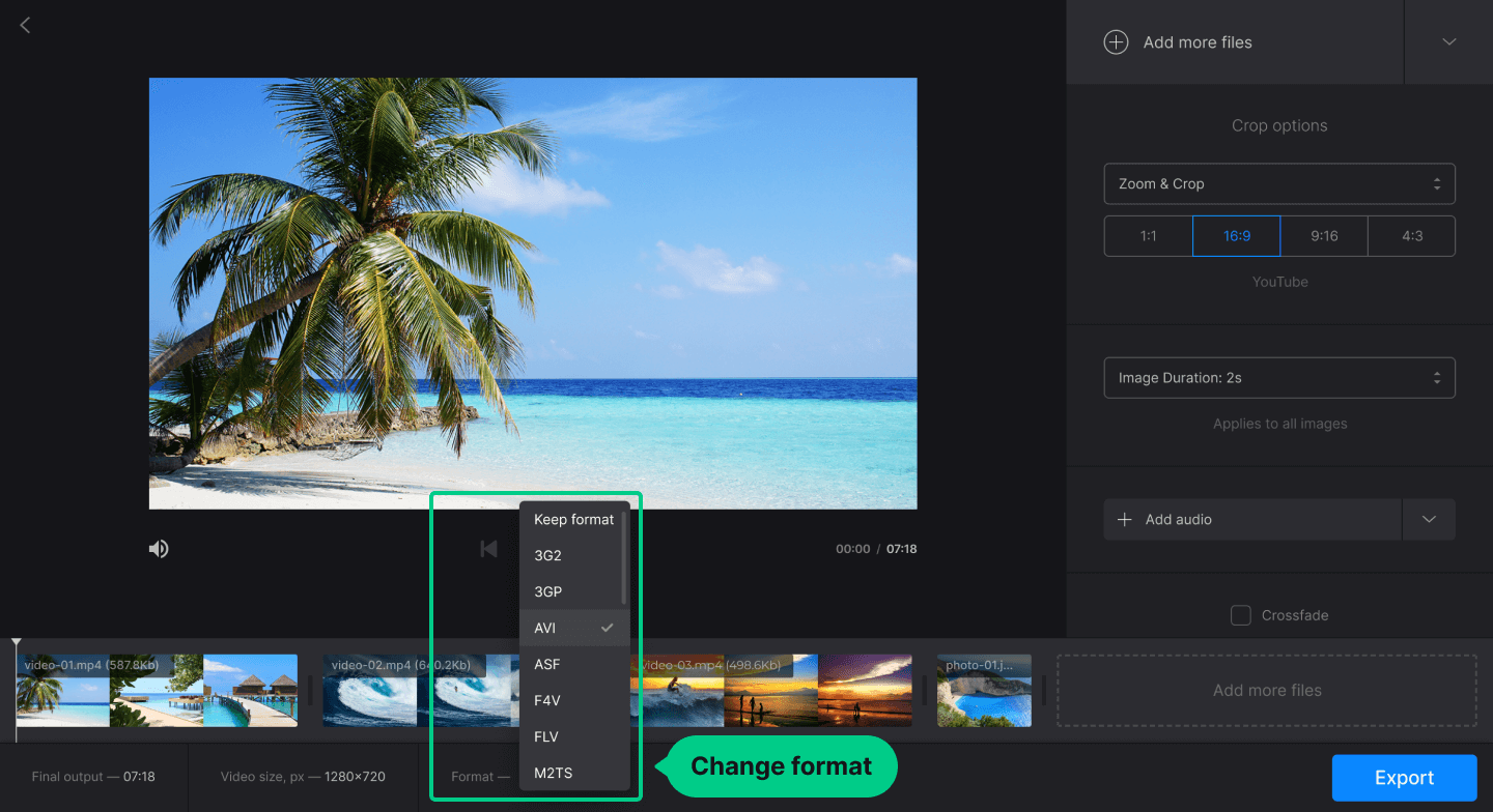 Clideo Merge Video с открытым списком Format и настройками кадра