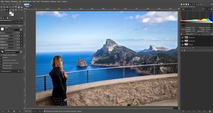 Рабочее окно GIMP с фотографией, панелью инструментов и слоями