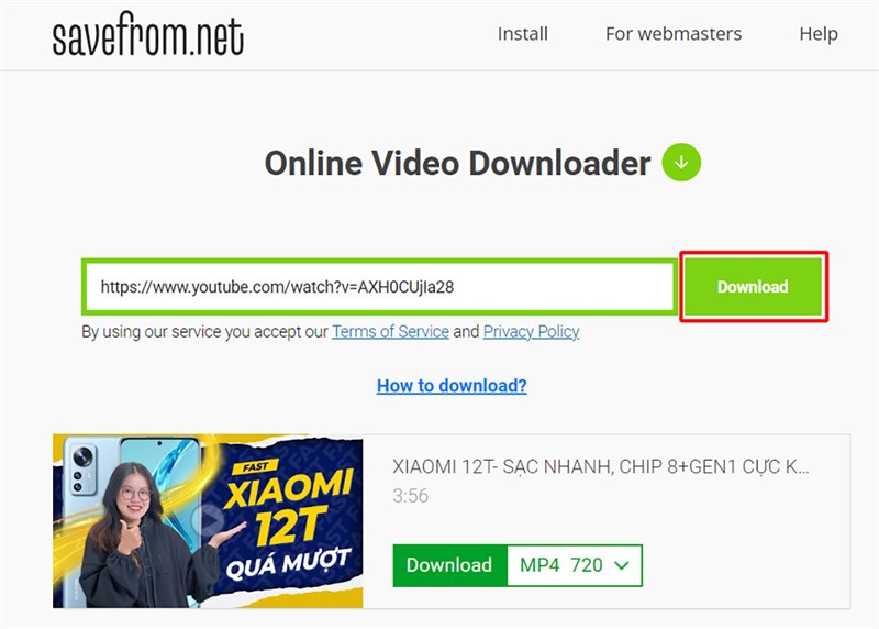 Интерфейс SaveFrom.net с полем ссылки и выбором MP4 720p