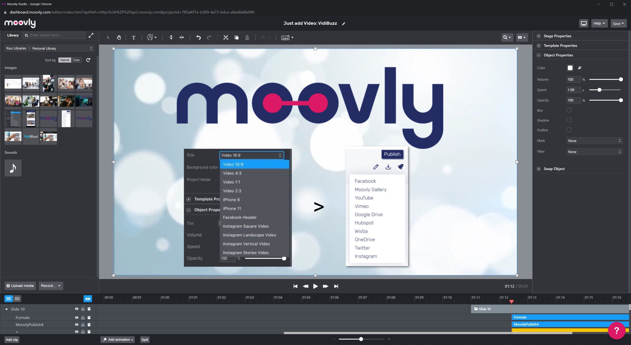 Полный интерфейс Moovly Studio с библиотекой, сценой, панелью свойств и многослойным таймлайном