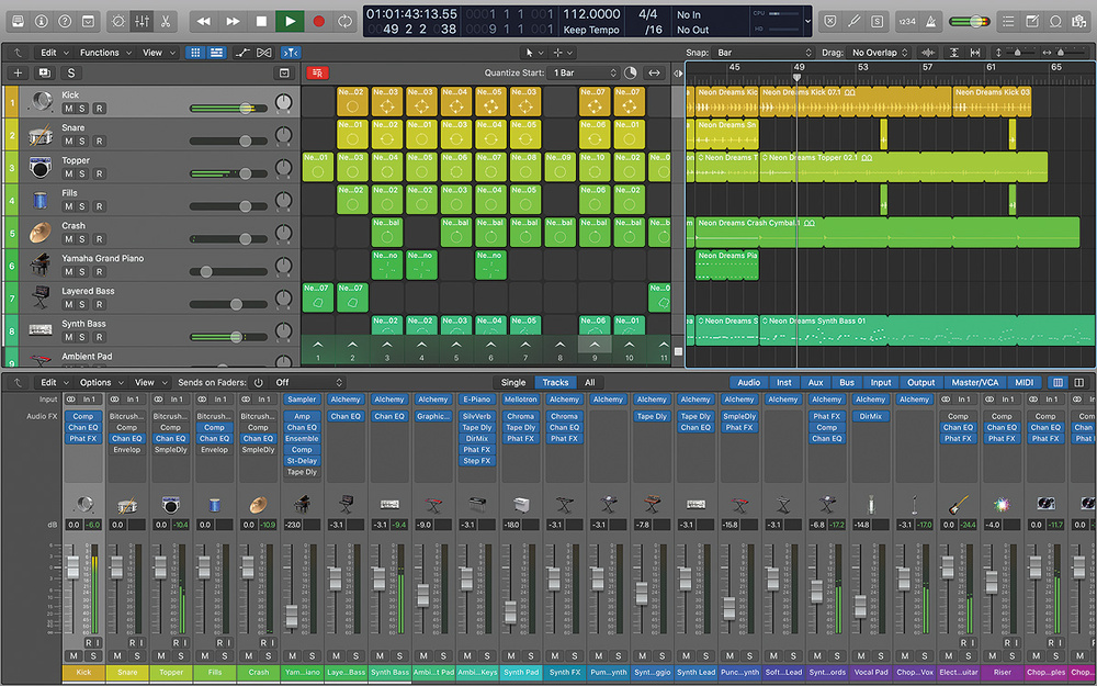 Интерфейс Logic Pro с дорожками, областями MIDI и микшером
