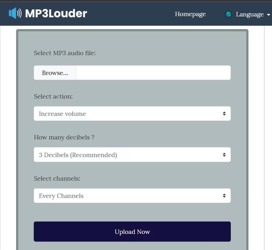 Интерфейс MP3Louder с выбором MP3, числа децибел и каналов