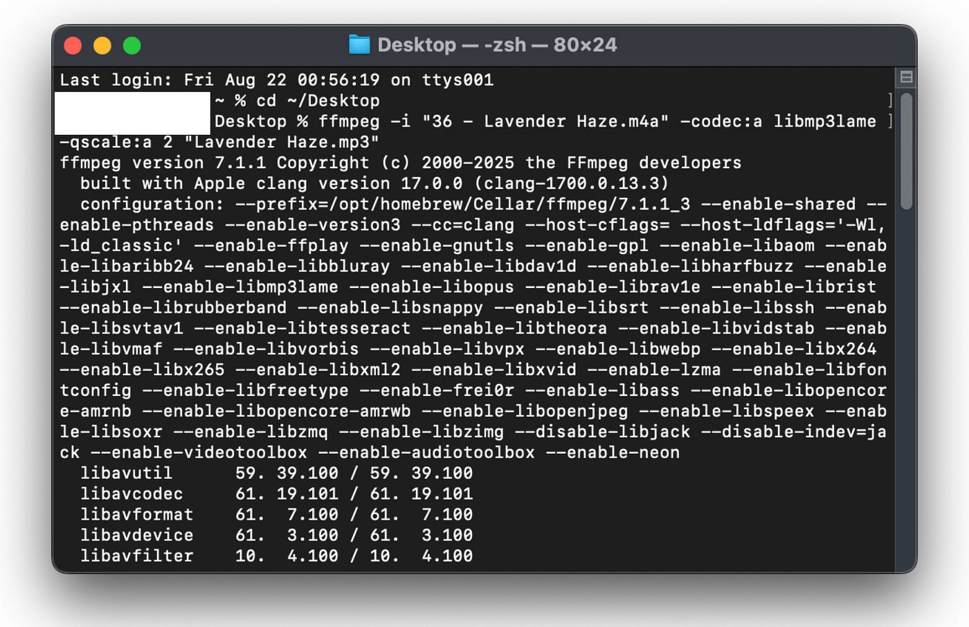 Окно терминала с запуском FFmpeg и кодированием аудио через libmp3lame