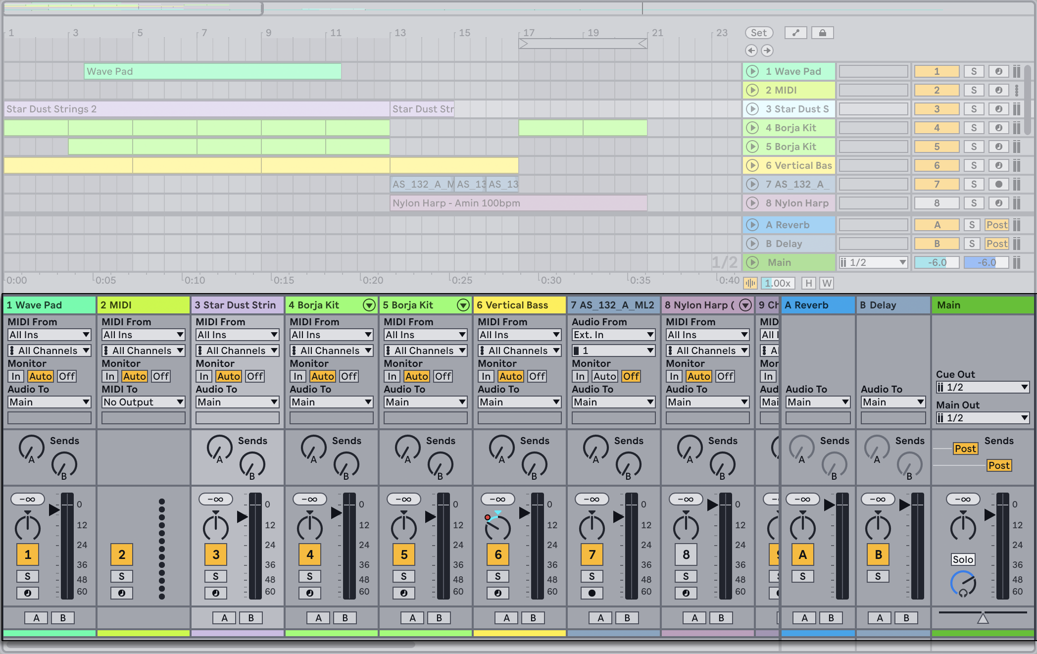 Микшер Ableton Live с дорожками, уровнями, посылами и каналом Master