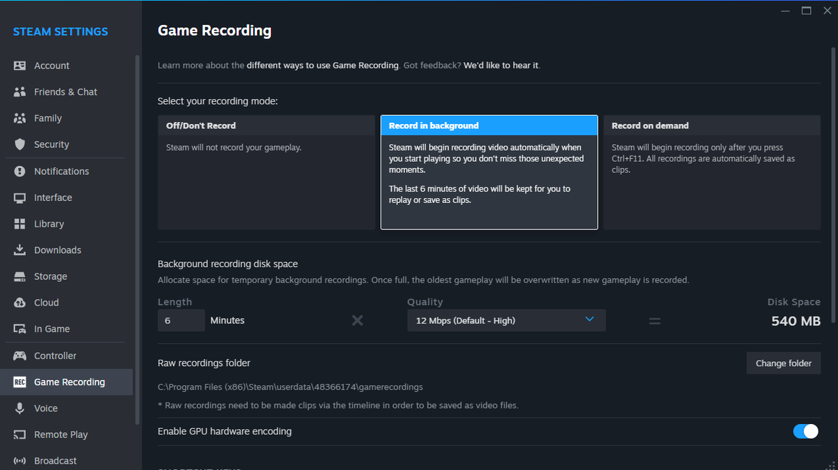 Настройки Steam Game Recording с выбором режима записи