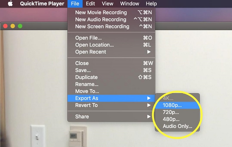 Меню File в QuickTime Player с пунктом Export As и вариантами 4K 1080p 720p 480p