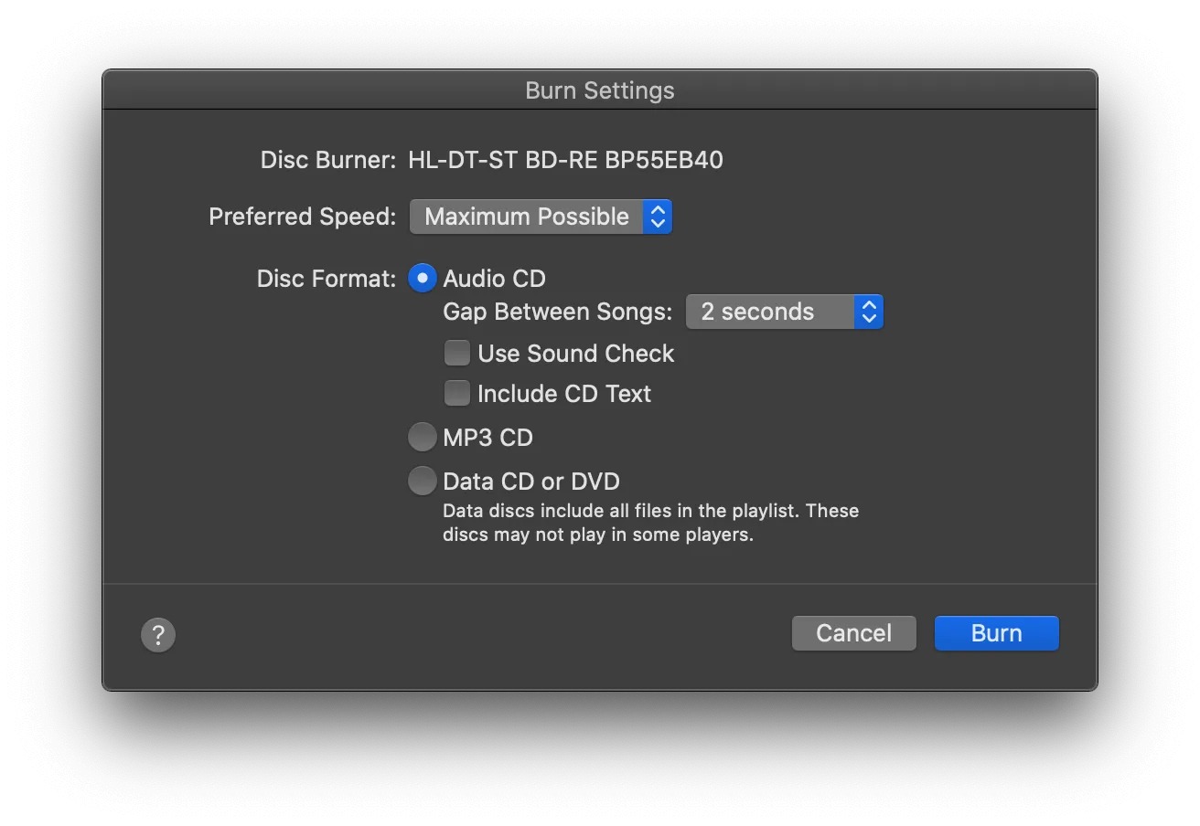 Окно Burn Settings приложения Music на Mac для записи Audio CD