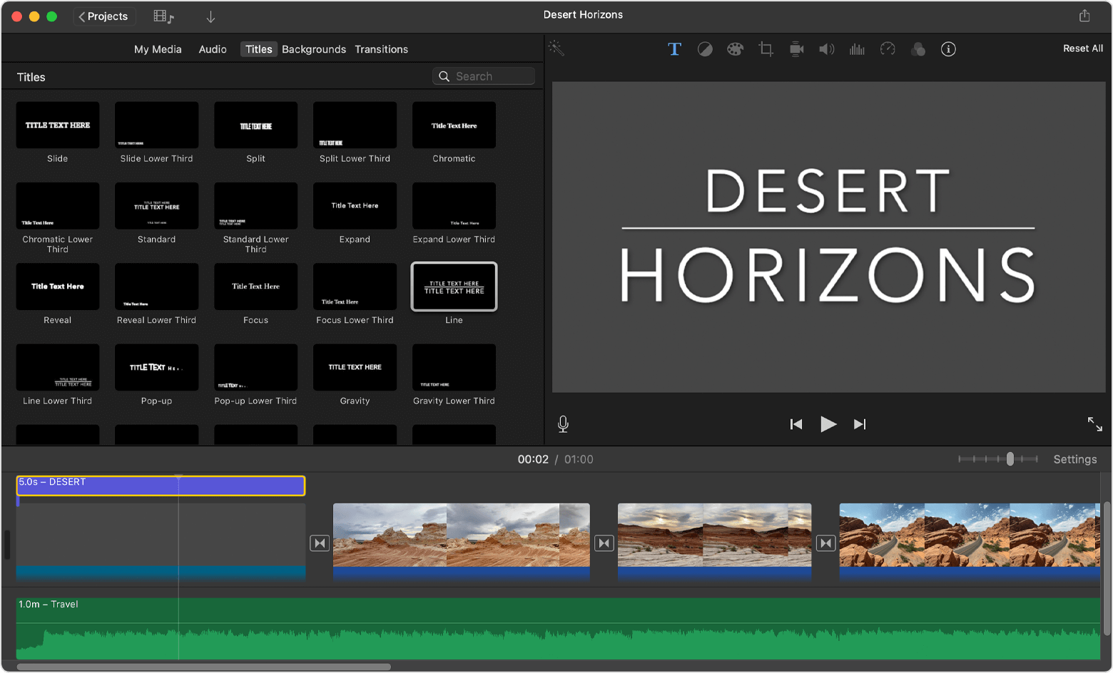 Панель Titles в iMovie на Mac и текстовый клип на таймлайне