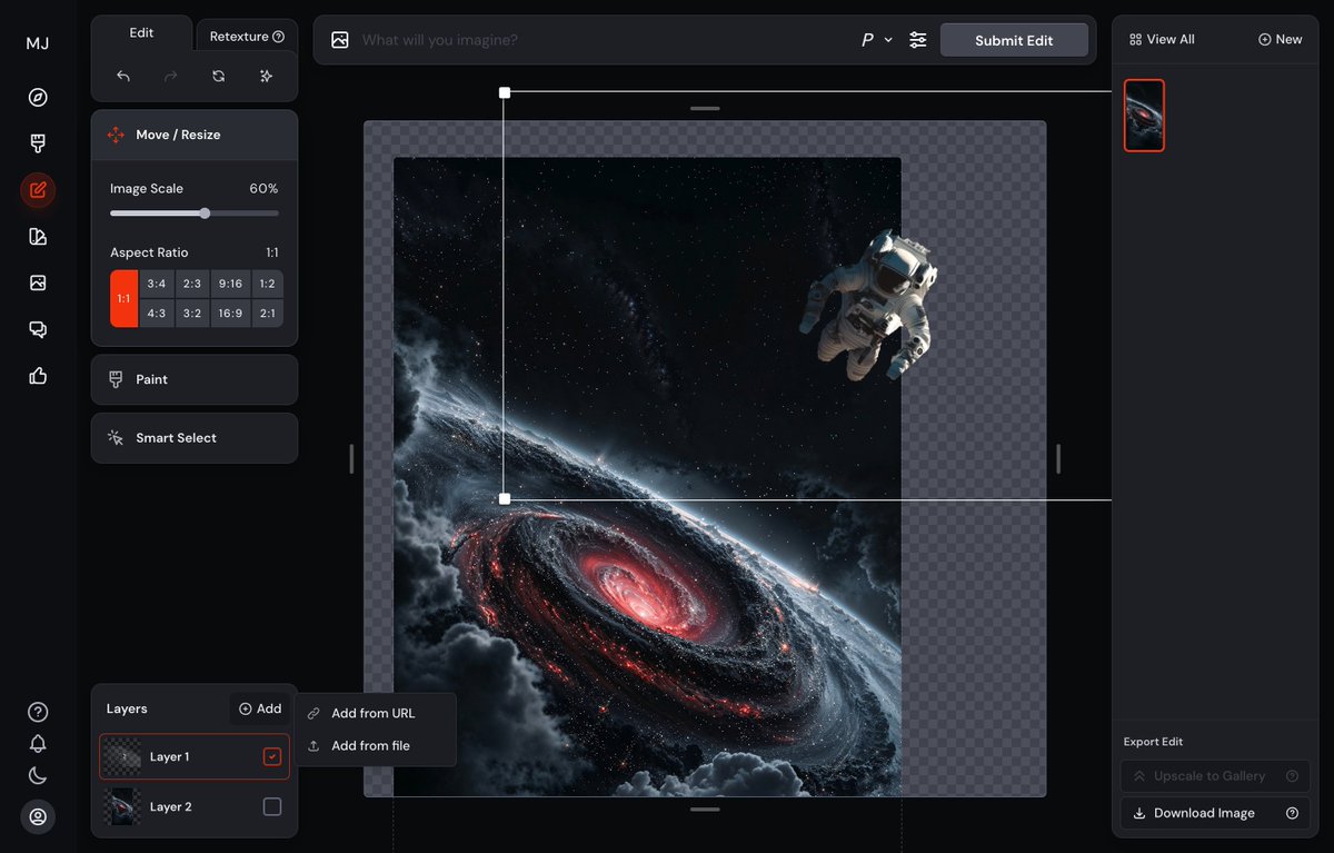 Веб-интерфейс Midjourney Editor с областью редактирования и слоями
