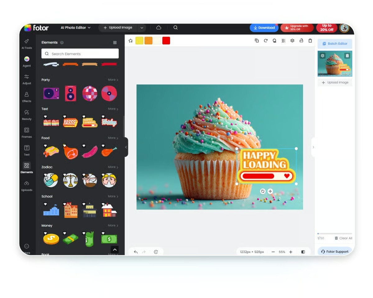 Панель Elements в редакторе Fotor с графическими объектами