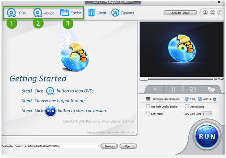 WinX DVD Ripper Platinum с кнопками DVD Disc ISO Image и Folder