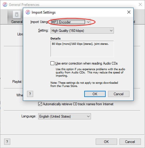 Окно Import Settings в iTunes для Windows с выбранным MP3 Encoder