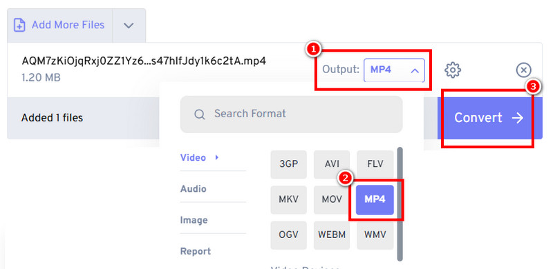 Интерфейс FreeConvert с выбором формата MP4 и кнопкой Convert