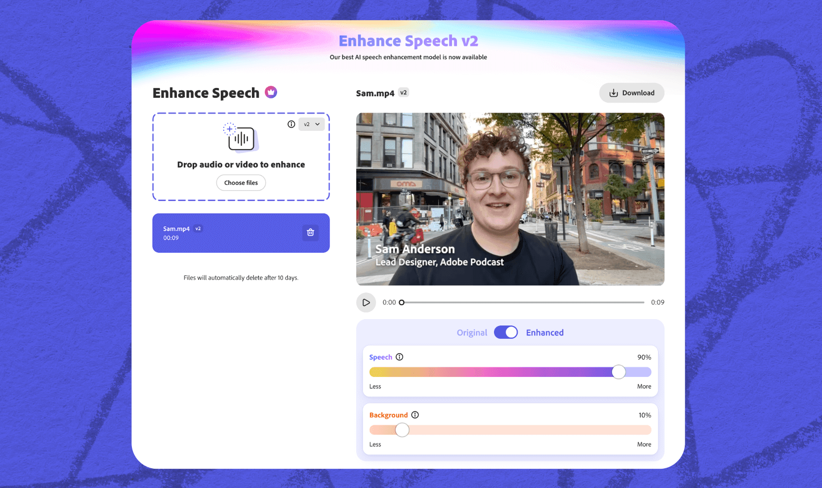 Интерфейс Adobe Podcast Enhance Speech v2 со слайдерами Speech и Background