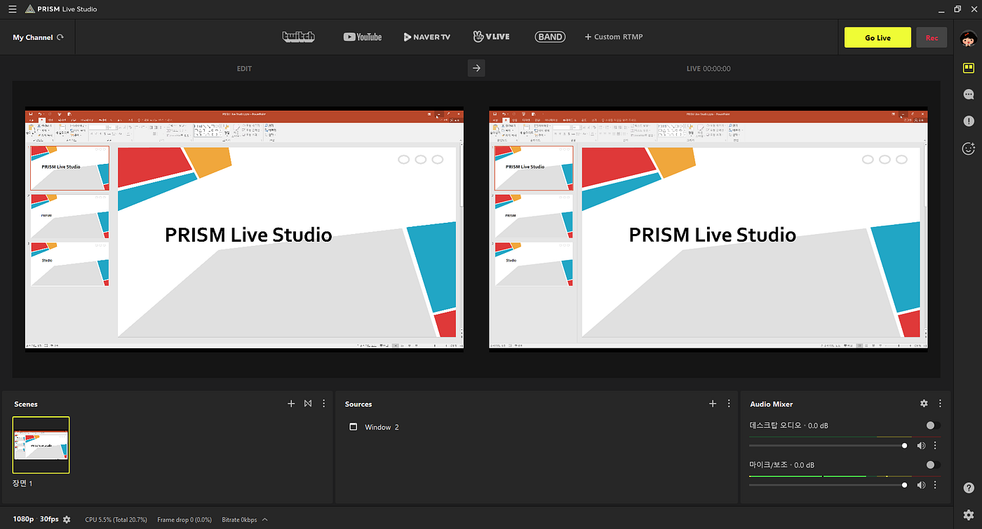Интерфейс PRISM Live Studio с предпросмотром и панелями стриминга