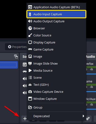 Меню добавления Audio Input Capture в OBS Studio